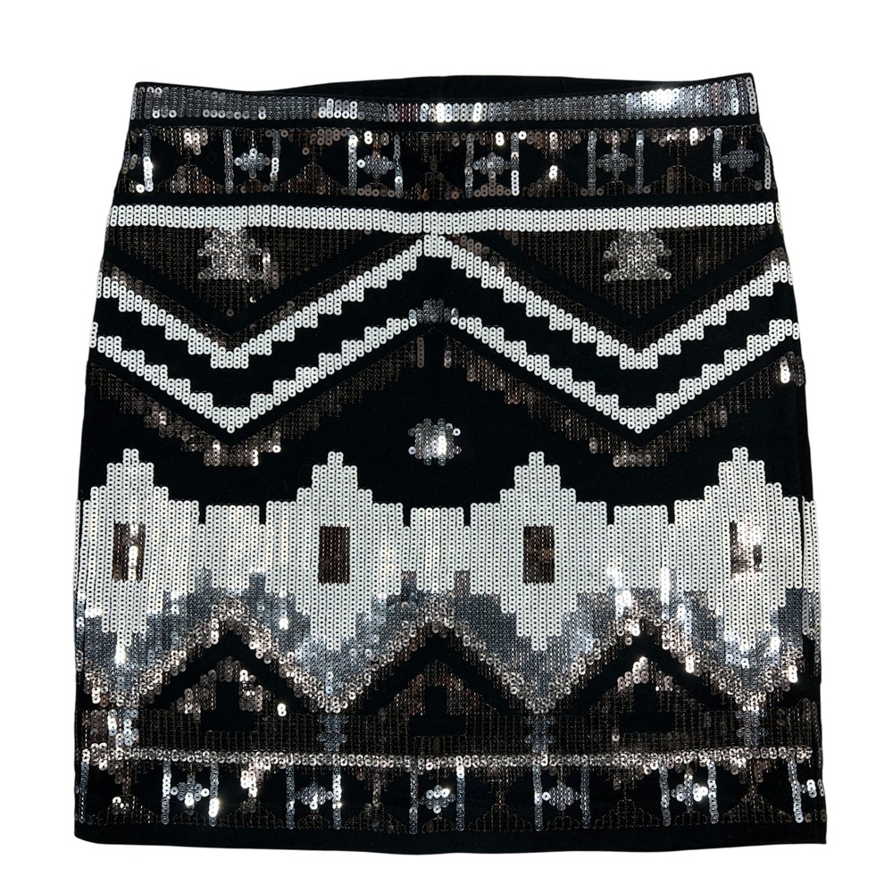 Express Sequin Geometric Aztec Mini Skirt XS Black Silver My Space Indie Sleaze